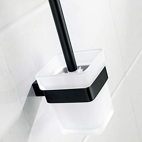 CASEWIND Elegant Toilettenbürstenhalter mit Bürste und Becher Toilettte Set, Quadratisch Amerikanisch Schwarz Stil für WC mit Edelstahl und Glas Konstruktion Bohren