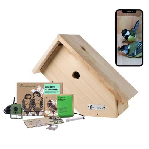 Green Feathers Wildlife WiFi Side View Birdhouse Full HD 1080p Camera Complete Pack, Including 10m Extension Cable, LED Lamp, Protective Steel Plates & Wooden Bird Box