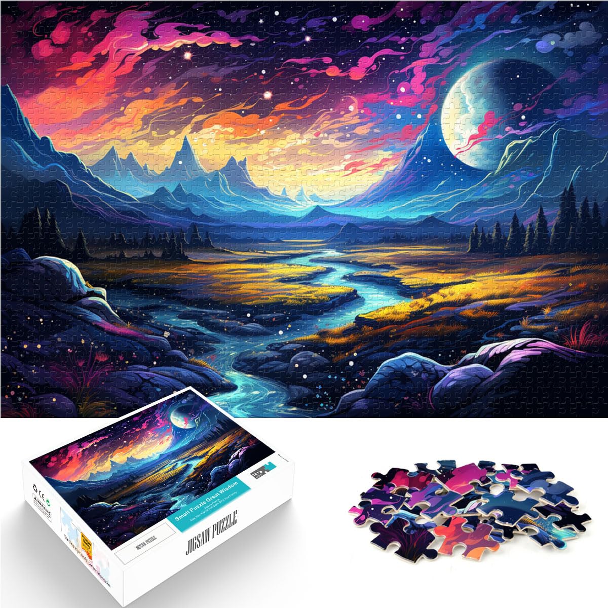 Puzzle für farbenfrohe Psychedelia geheimnisvoller Berge, Puzzle 1000 Teile, Holzpuzzle, Spielzeug, Wanddekoration, 1000 Teile (50 x 75 cm)