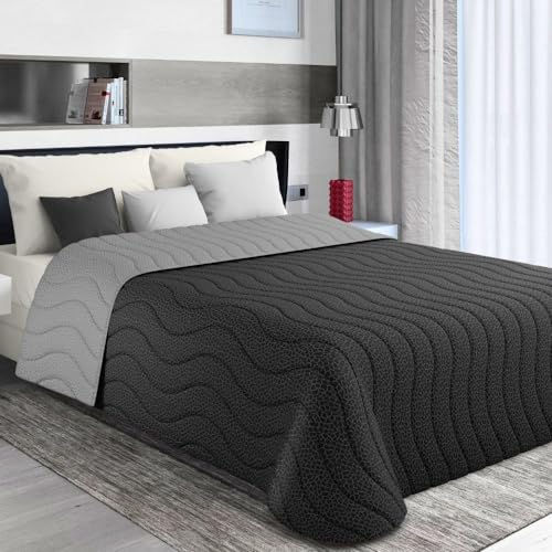 MAXIME MAISON - Tagesdecke 240x260 cm Schwarz/Grau Wendedesign, Tagesdecken Frühling/Sommer (100 gr/mq) Steppdecke Doppelbett Unterfüttert, Gesteppt, Weiche Mikrofaser, Made in Italy