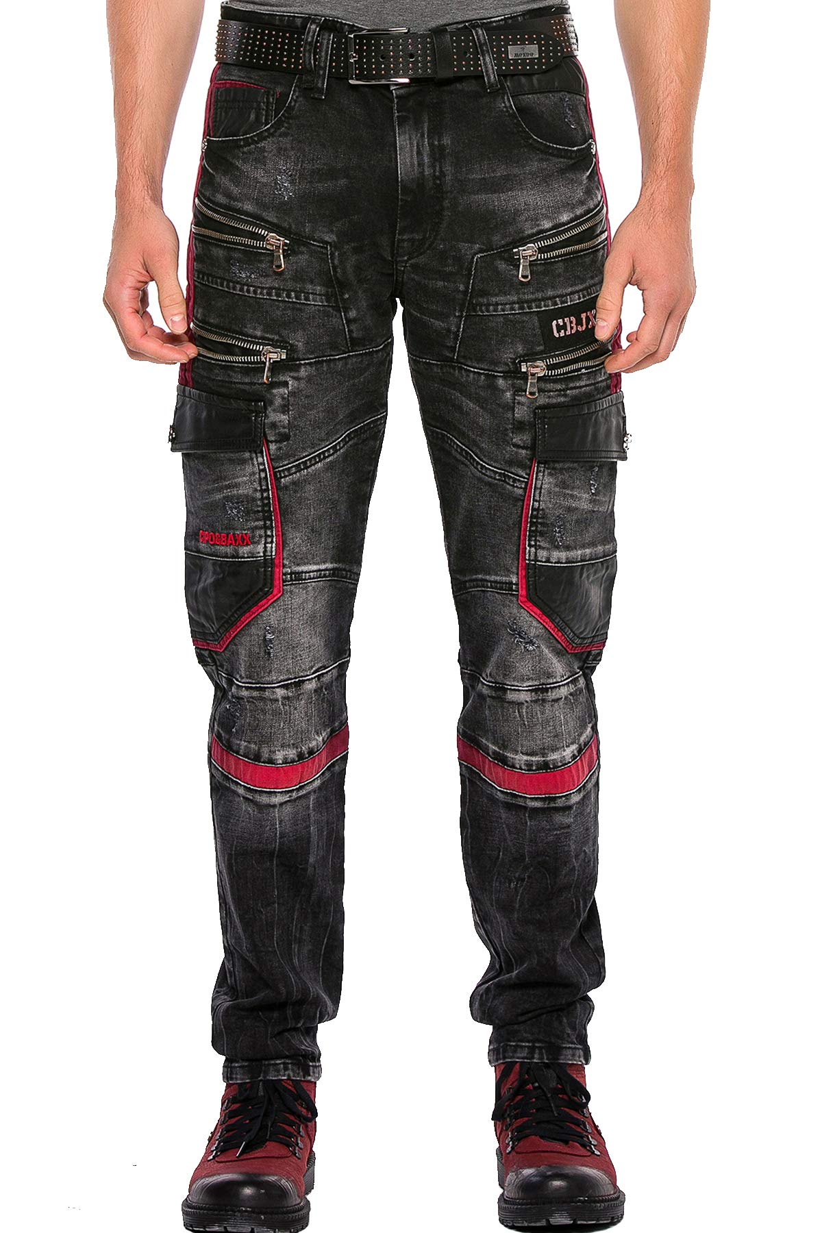 Cipo & Baxx Herren Jeanshose Design Cargohose Regular Fit Straght Biker Pants Used Jeans Hose Schwarz W32 L34