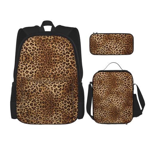 WURTON Schulrucksack-Set mit süßem Leopardenmuster, 3-in-1, Büchertaschen-Set mit Lunchbox, Federmäppchen, Reise-Laptop-Tagesrucksäcke