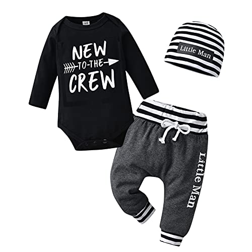 Tinykeke Neugeborenes Baby Jungen Kleidung Langarm Strampler New to The Crew Tops + Hut + Hose 3 tlg Babykleidung Set (3-6 Monate)