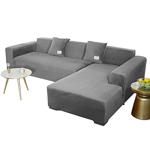 JHLD Sofabezug L Form, Stretch Sofabezug Samt L-förmiger Sofabezug Weiche Anti-rutsch Sofa Überwürfe Für Ecksofa-Dunkelgrau-2 Sitzer+2 Sitzer