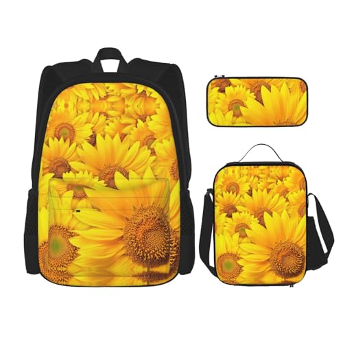 WURTON Viele Sonnenblumen-Druck, trendige Rucksacktaschen, Lunchbox und Federmäppchen, 3-in-1 verstellbares Rucksack-Set, schwarz, Einheitsgröße, Schwarz , Einheitsgröße