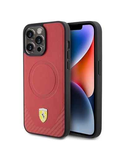 CG MOBILE Ferrari Handyhülle kompatibel mit Magsafe und iPhone 15 Pro Max in roter PU-Unterseite, PU-Kohlefaser-Schutzhülle und langlebige Hülle mit einfachem Snap-on, Stoßdämpfung und Signatur-Logo