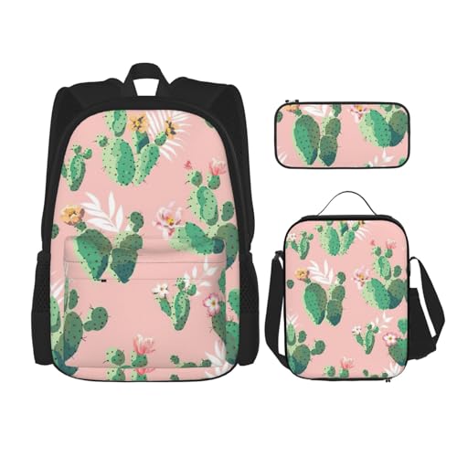 WURTON Rucksack mit Kaktus-Druck, 3-in-1, Büchertaschen-Set, Lunchbox, Federmäppchen, Reise-Laptop, Tagesrucksäcke, Schwarz, Einheitsgröße