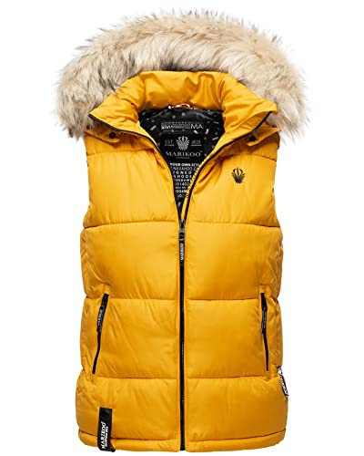 MARIKOO Damen Winter Weste Steppweste mit Kapuze und Fellkragen B896 [B896-Eisflöckchen-Gelb-Gr.XL]