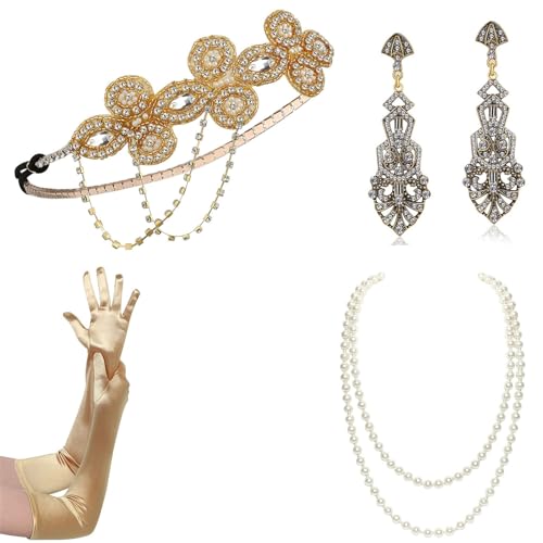 MEELYHOME Weibliches Flapper-Kostüm GatsbyParty Stirnband Halskette Ohrringe Handschuhe 1920er Jahre Vintage Cosplay Party Kostüm Zubehör Set Vintage Zubehör Set Mädchen Kostüm Zubehör Partyzubehör