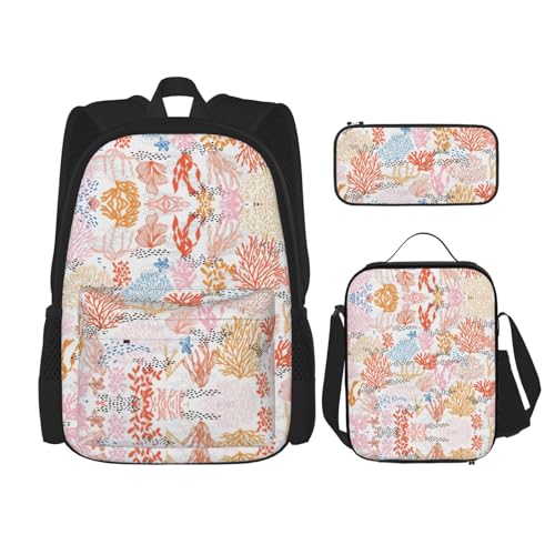 WURTON Schulrucksack-Set mit Korallenriff-Aufdruck, 3-in-1 Büchertasche-Set mit Lunchbox, Federmäppchen, Reise, Laptop, Tagesrucksack