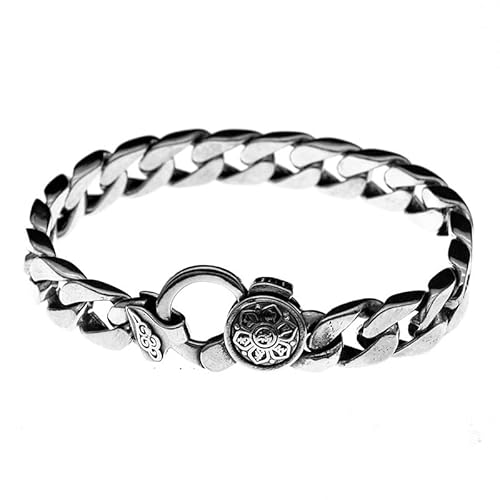 VOYADE Herren-S925-Sterlingsilber, Buddhistisches Mantra, Kubanisches Kettenarmband, Tibetisch-Buddhistische Vintage-Tankkette, Glänzendes Thai-Silberarmband,Silber,19cm