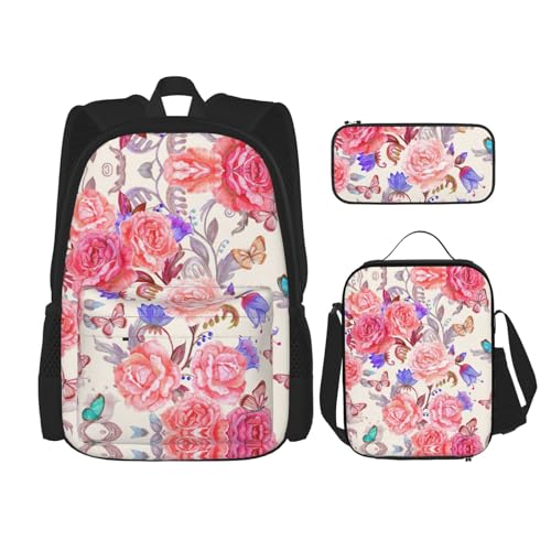 WURTON Rucksack mit Blumen- und Rosen- und Schmetterlings-Druck, für Mädchen, Jungen, Schultaschen, Teenager, Lunchbox und Federmäppchen, 3-in-1-Büchertaschen-Set