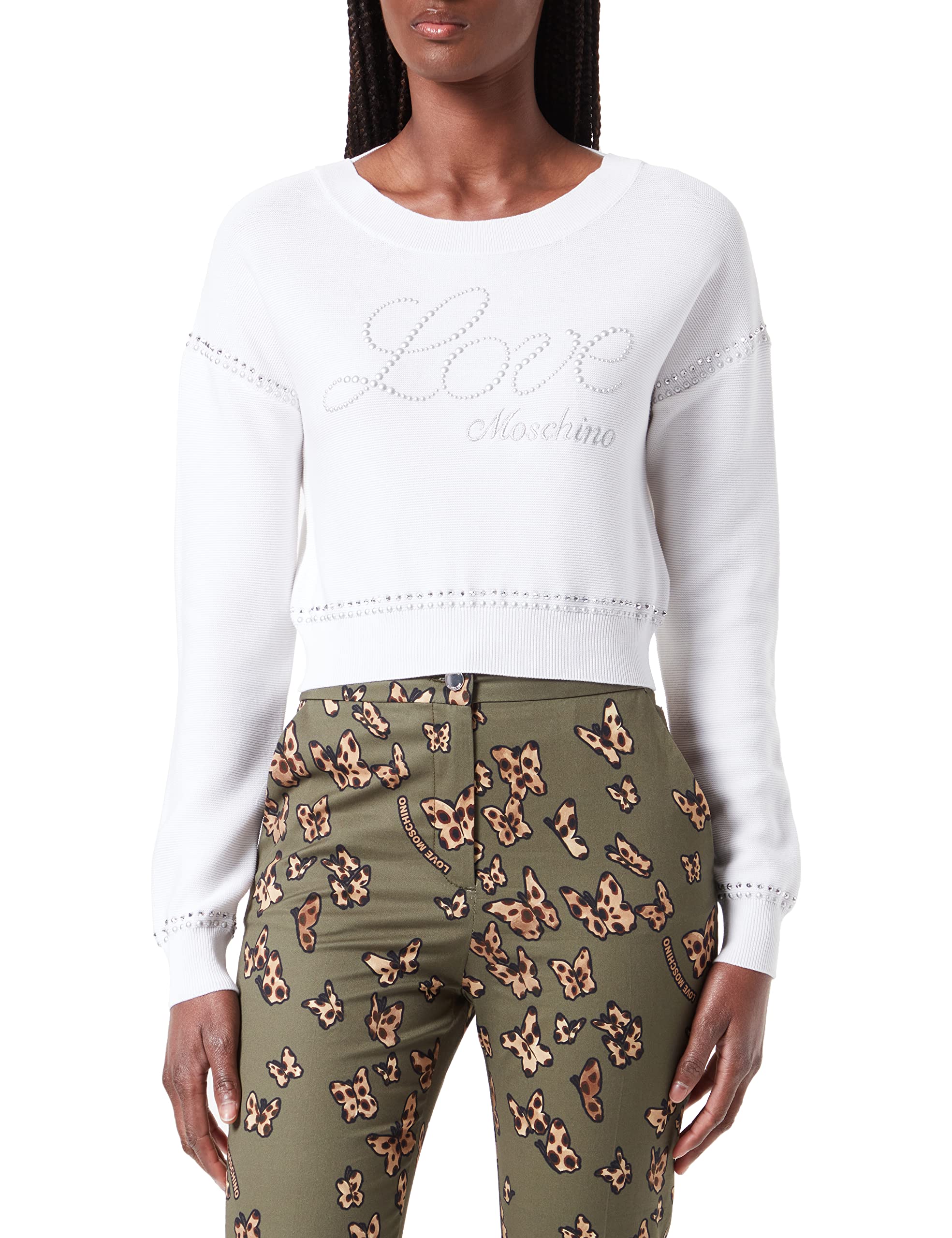 Love Moschino Womens Cropped fit Pullover Sweater, Optical White, 48