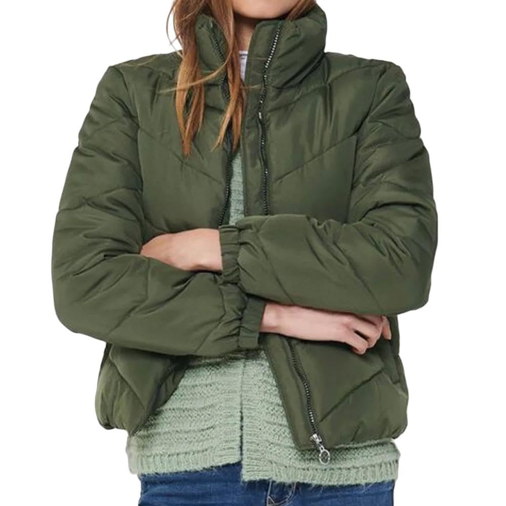 JDY Damen Kurze Puffer Jacke | Warme Stepp Winter Jacket ohne Kapuze | Wattierter Blouson JDYFINNO, Farben:Khaki, Größe:S