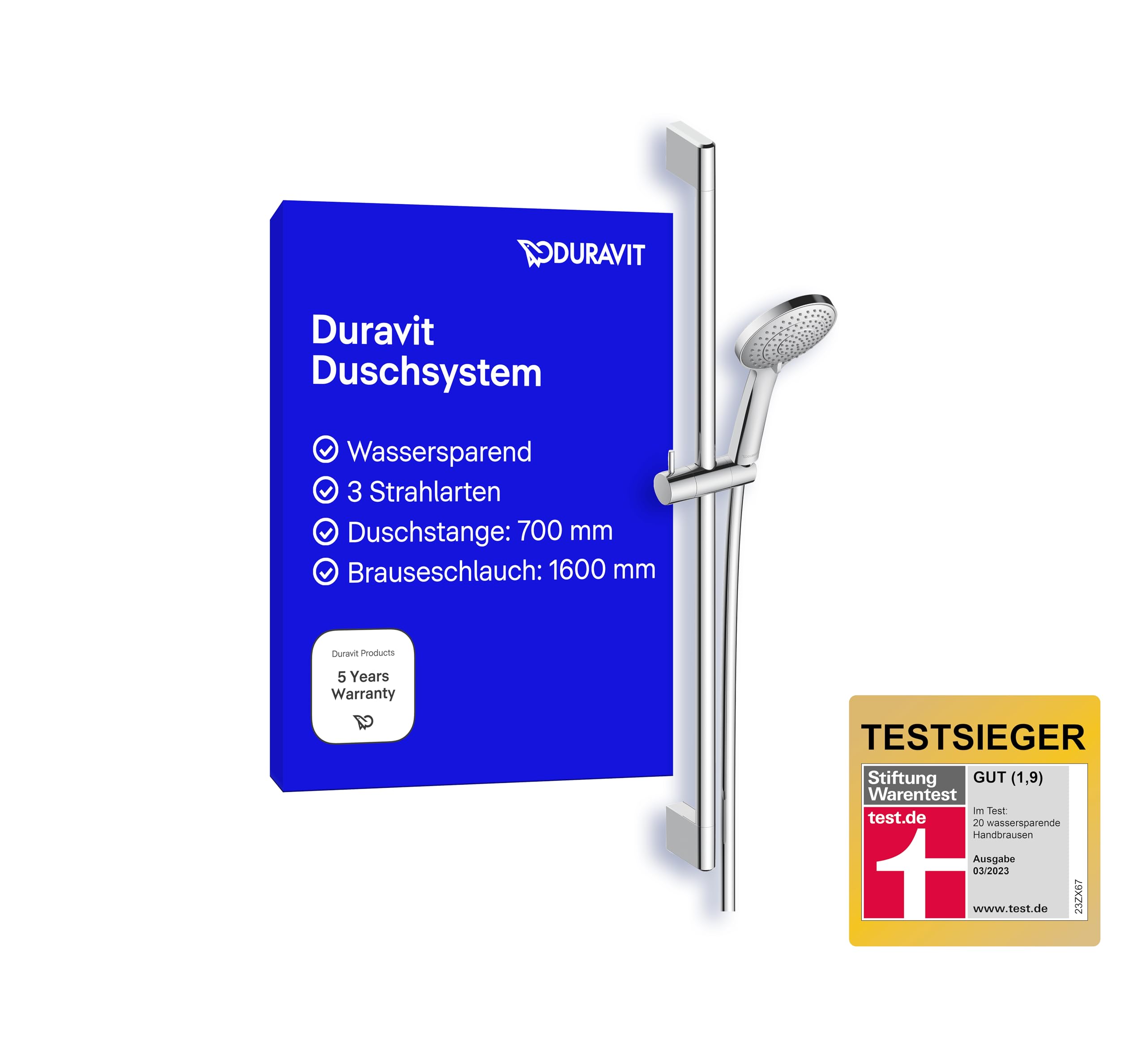 Duravit Universal Duschset, Duschkopf mit 3 Strahlarten (Rain, Intense Rain, Soft Rain), wassersparender Duschkopf mit Schlauch, variable Duschstange (700 mm), Duschschlauch (1600 mm), Chrom