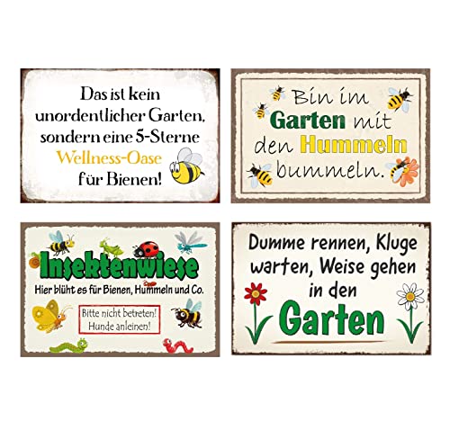 4er Set Blechschilder Garten 20x30cm - Wetterfest - Metallschild mit Lustig Spruch - Vintage Deko für Außen - Deko Geschenk