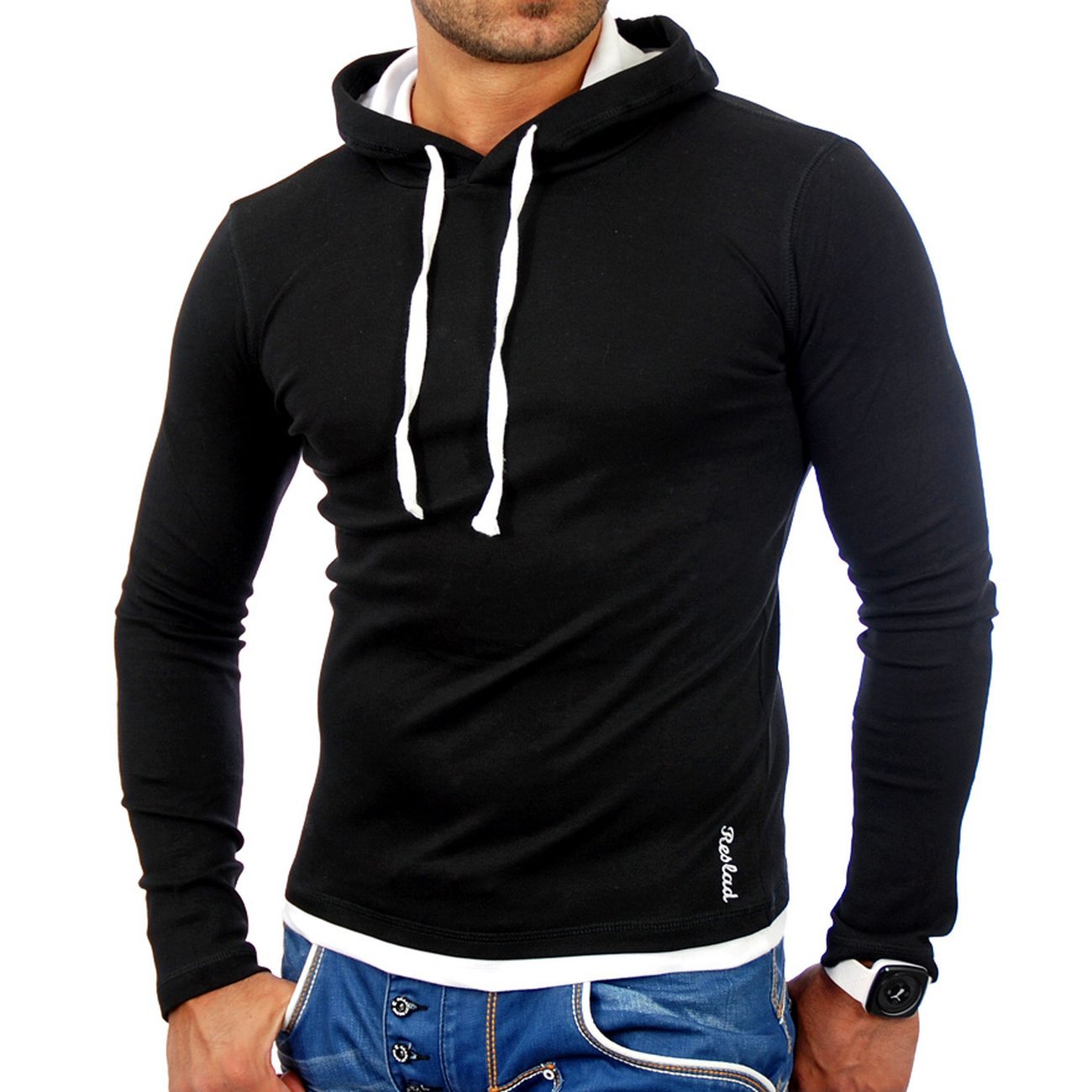 Reslad Herren Pullover Kapuzenpullover Sweatshirt Sweater Pulli Hoodie RS-1003 Schwarz-Weiß XL