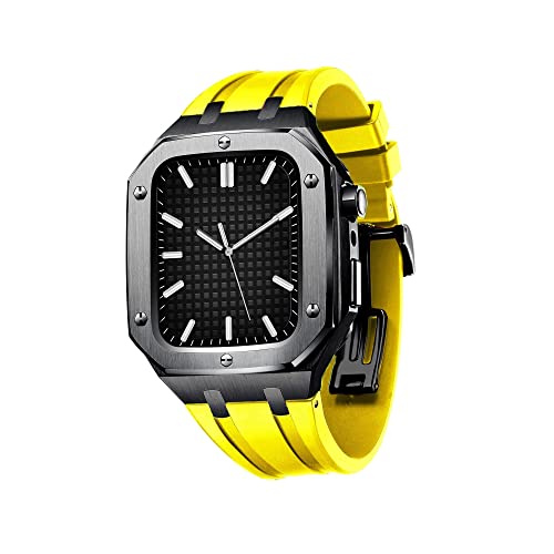 KANUZ Silikon-Uhrenarmband, Metallgehäuse für Apple Watch Serie 8, 45 mm, 44 mm, Modifikationsset, Zubehör, Uhrenarmbänder für iWatch SE/4/5/6/7 Serie mit Werkzeugen (Farbe: Schwarz / Gelb, Größe: 45