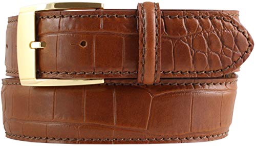 BELTINGER Gürtel mit goldener Gürtelschnalle und Krokoprägung 4 cm | Leder-Gürtel 40mm Kroko-Optik | Kroko-Muster 4cm | Tabac 110cm