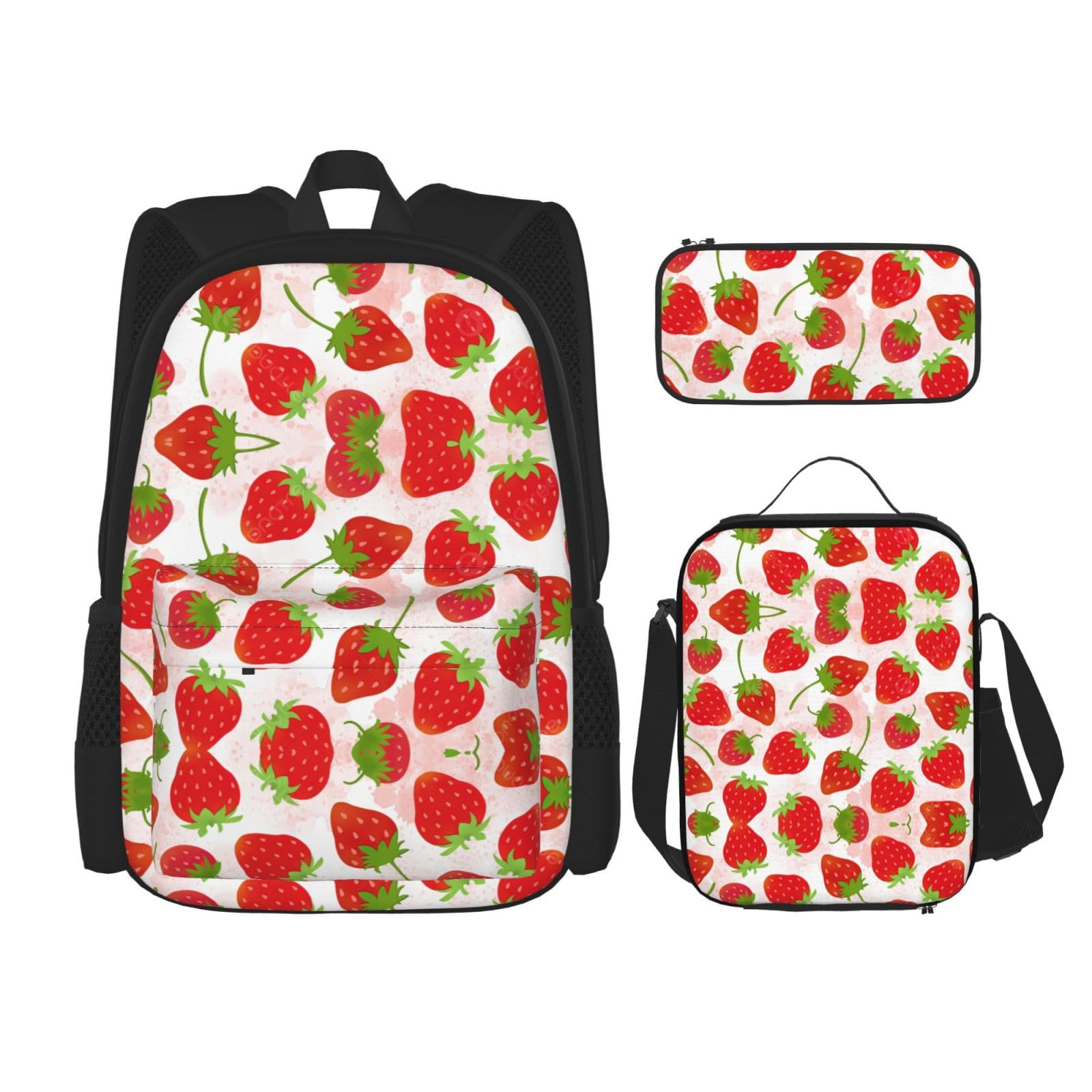 WURTON Lunchbox mit Erdbeermotiv, Federmäppchen, Rucksack-Set, 3-teilig, verstellbare Riemen, langlebig, leicht, Schwarz, One Size