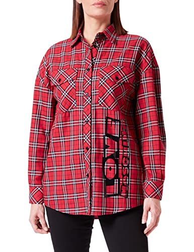 Love Moschino Damen Relaxed Fit Long Sleeves With Patch Pockets On The Front And Maxi Brand Print Shirt, Red Black White, 38 EU