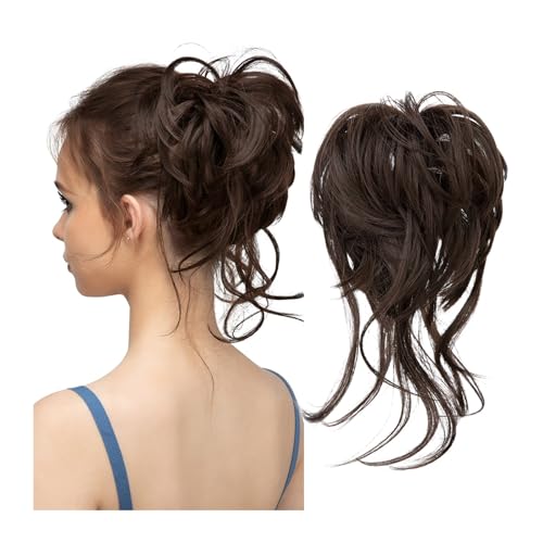 Haarteil Synthetischer unordentlicher Dutt, elastische Haarteile, lockiges Haargummi, Schwarzbraun, tägliches Chignon-Band, Hochsteckfrisur, Donut, natürliches Kunsthaar for Frauen Haarverlängerung(6)