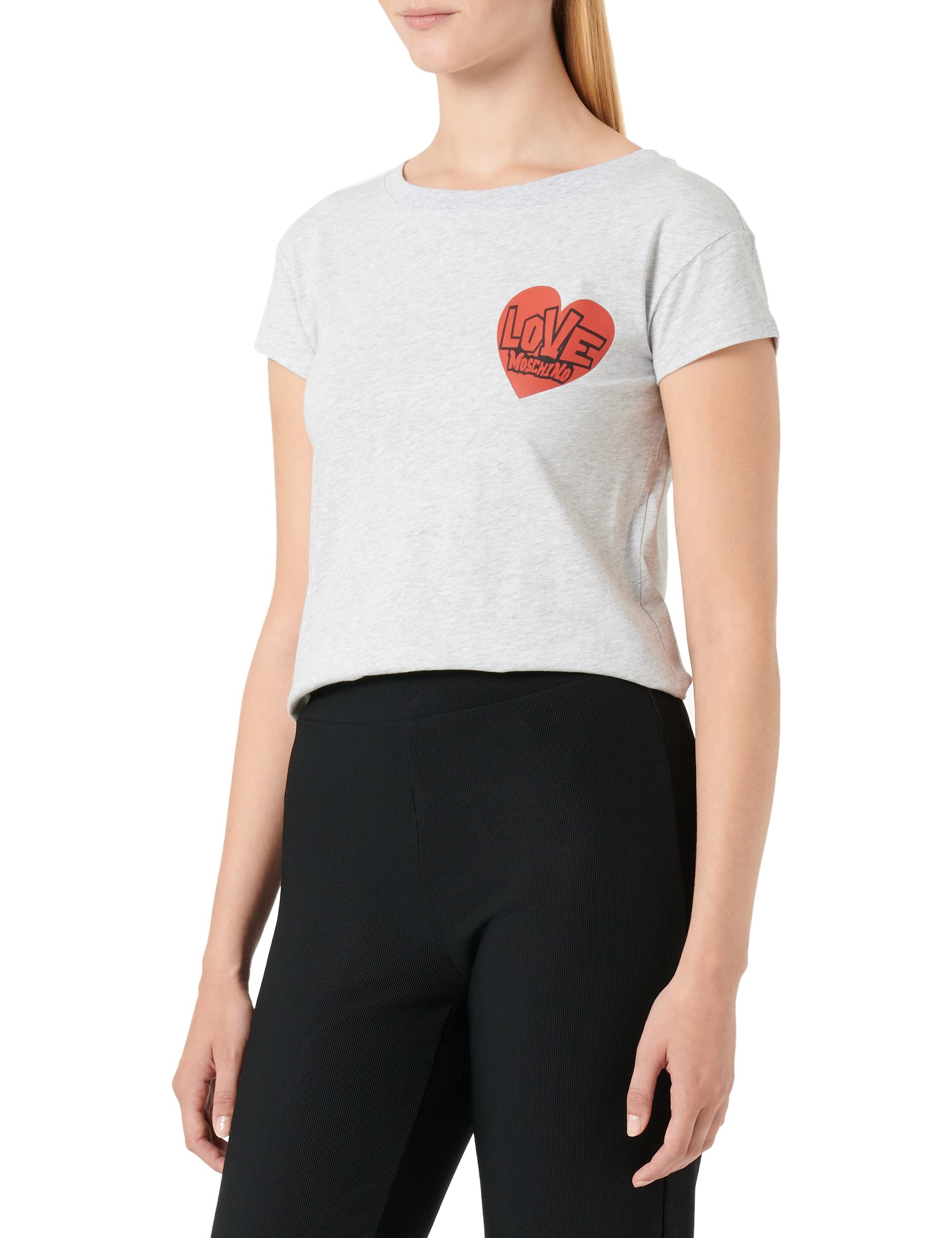 Love Moschino Damen Boxy Fit Short Sleeves With Red Heart Print T Shirt, Melange Light Gray, 44 EU