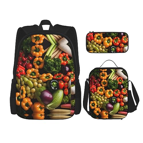 WURTON Sorte Frische Gemüse Obst Druck Reise Lunchbox Federmäppchen Rucksack Set 3 Stück Verstellbare Träger Leicht, Schwarz, Einheitsgröße