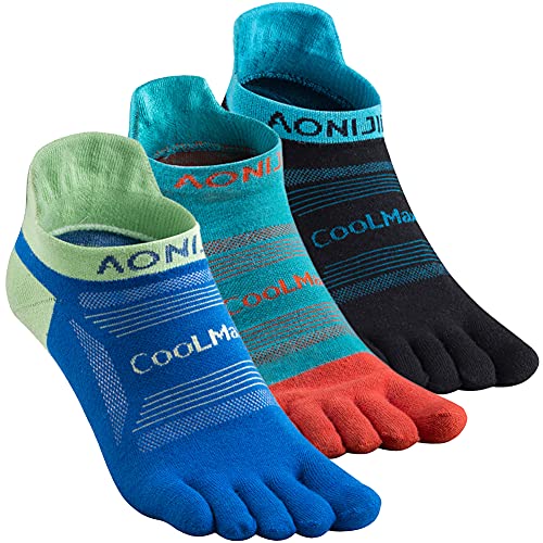 AONIJIE Zehensocken für Damen und Herren, leistungsstark, athletisch, Laufen, Fünf-Finger-Knöchelsocken, A# 3 Paar/Schwarz, Seeblau, Blau, Large