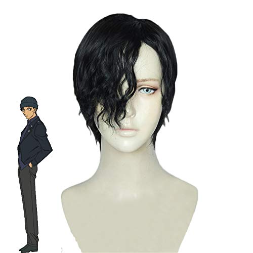 LINLINCD Cosplay wig Detective Conan Akai Shuuichi Schwarze kurze Cosplay Perücke mit schwarzen lockigen Pony Halloween Party Karneval Perücken Pelucas