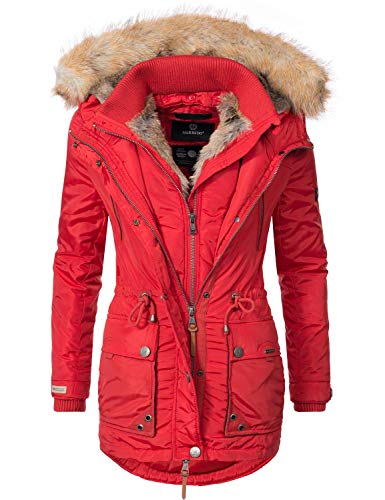 Marikoo Damen Wintermantel Winter Parka mit abnehmbarem Kunstfell Grinsekatze Rot Gr. S