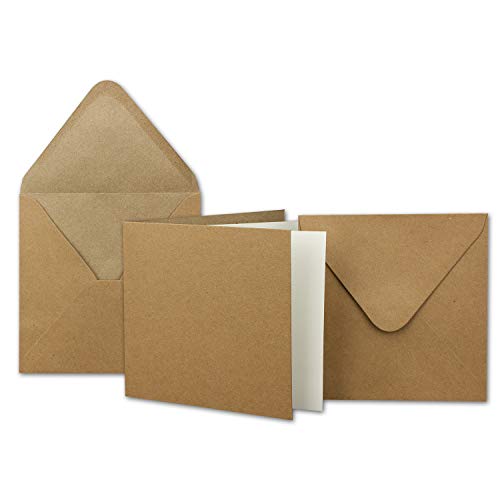 75x Kraftpapier-Karten Set quadratisch 13,5 x 13,5 cm mit Brief-Umschlägen & Einlege-Blätter - Recycling Vintage Karten-Set - für Einladungen