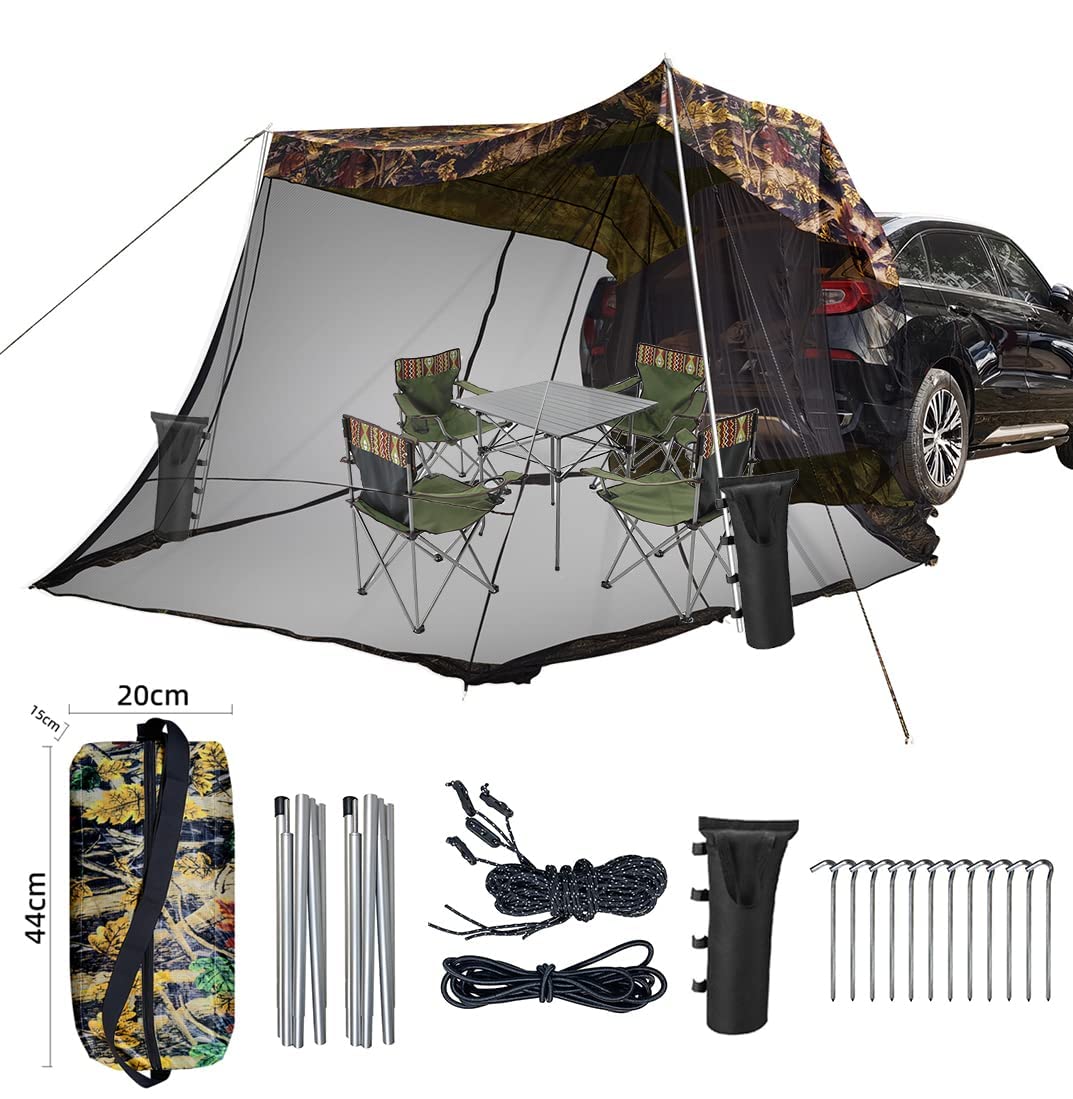 Auto Vorzelt Camping, Wasserdichtes Heckklappen-Schatten-Markisenzelt for Auto-SUV-Reise-Camping mit Bildschirmraum(Camouflage)