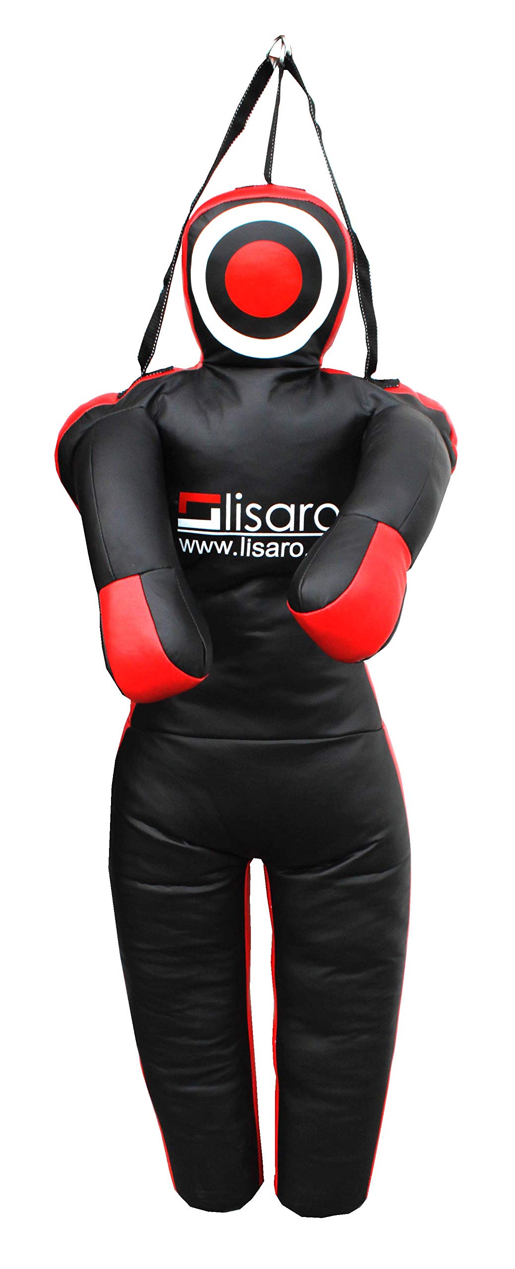 Lisaro Straps Trainings-Dummies, vorgefüllt | mit Schlaufen (Straps) | schwarz-rot | GEFÜLLT | hängend | Grappling Dummy für Training, Kampfsport, Jiu-Jitsu, Wrestling, MMA, Judo Gr. 145CM.