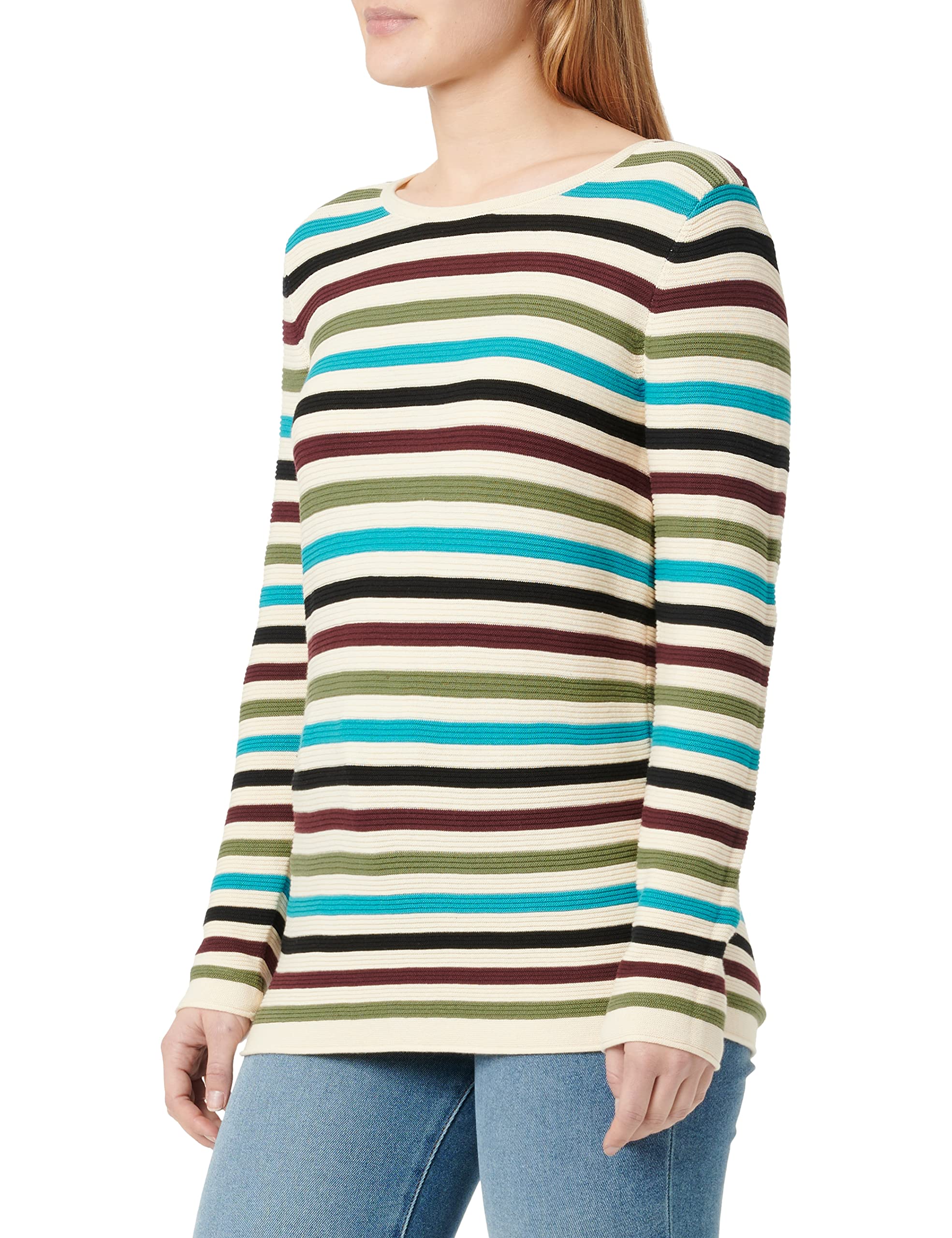 TOM TAILOR Damen Basic Strickpullover aus Bio-Baumwolle, 30725 - Teal Blue Butter Stripe, L