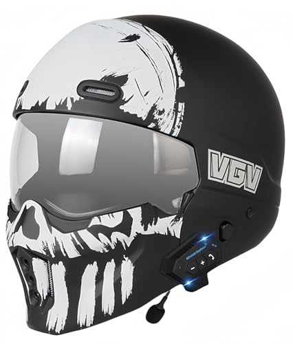 Bluetooth-Retro-Klassiker-Motorradhelm Mit Doppelvisier, 3/4-Open-Face-Helm, DOT-Zugelassener Scooter-Sicherheits-Motorradhelm Für Männer Und Frauen F,S55-56CM