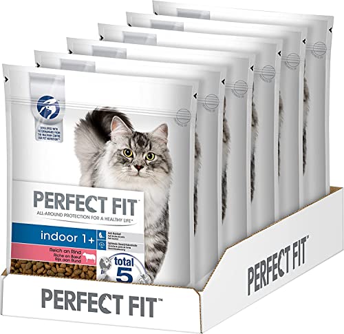 Perfect Fit Indoor 1+ – Trockenfutter für erwachsene Hauskatzen ab 1 Jahr – Reich an Rind – Unterstützt die Vitalität – 6 x 750 g