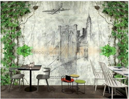 Abstrakte Stadtarchitektur Grünes Blatt Rebe 3D Tapete Poster Restaurant Schlafzimmer Wohnzimmer Sofa TV Dekorative Wand-250cm×170cm