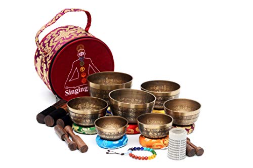 Klangschalen-Sets von 7 - Handgefertigte tibetische Chakra-Heilklangschale für Meditation, Klang, Frieden, Achtsamkeit, Yoga, sieben Chakra-Schalen, Mantragesegnete tibetische Klangschale