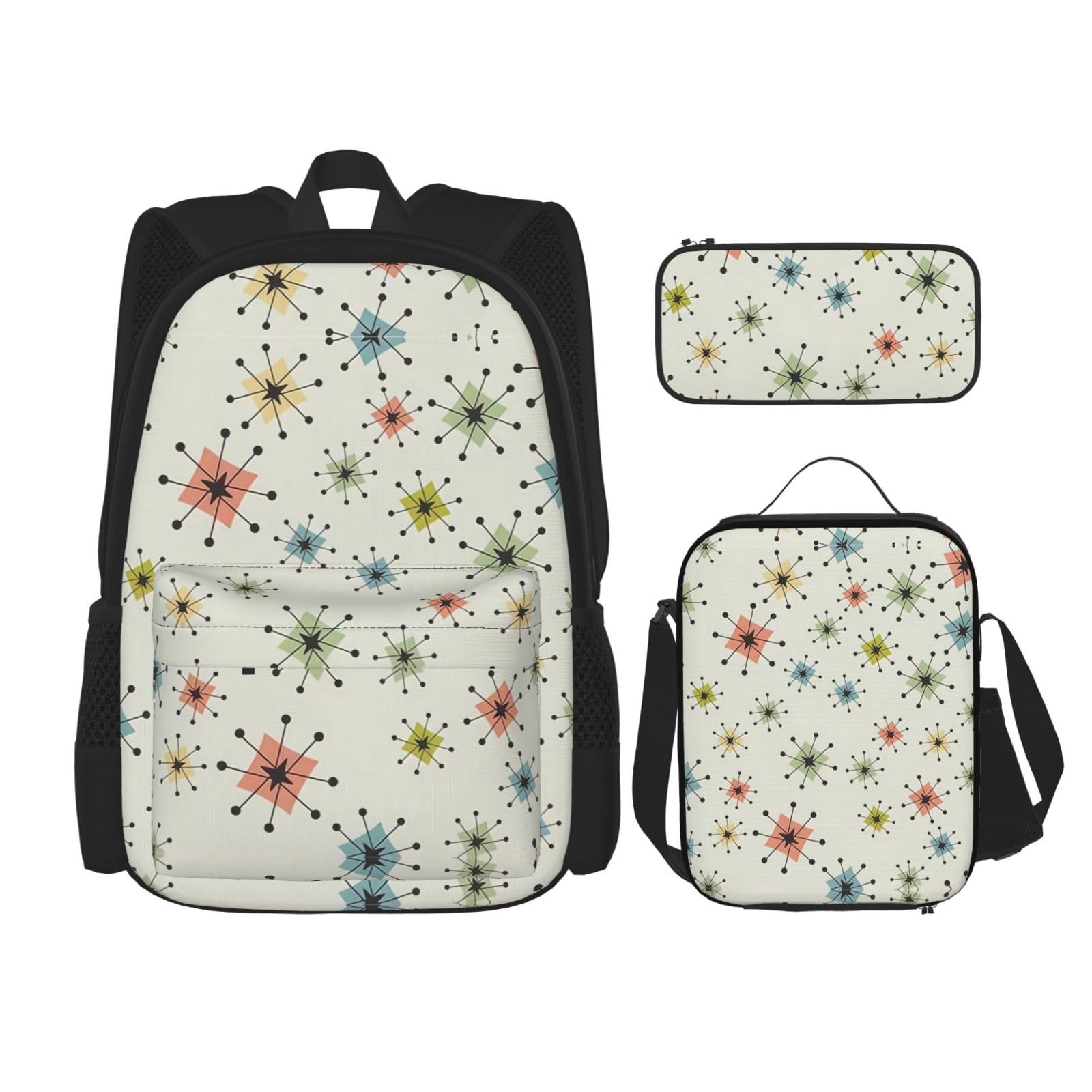 WURTON Absctract Geometrisches Muster, Weltraumdruck, 3-in-1-Sets, lässig, verstellbar, Schulter-Rucksack, Lunch-Tasche, Federmäppchen, Tasche, Schwarz, Einheitsgröße, Schwarz , Einheitsgröße