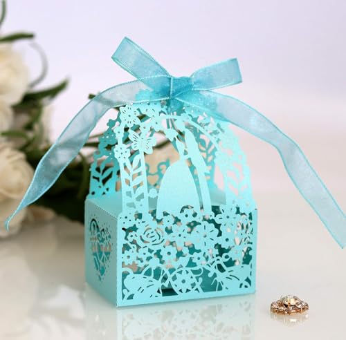 Box für Geschenke, Süßigkeiten-Box, For Hochzeitsfeier-Dekoration, Süßigkeiten-Aufbewahrungsbox mit Bändern (Farbe: Blau, Größe: 50 Stück, 4 x 4 x 7 cm) (Farbe: weiß, Größe: 50 Stück, 4 x 4 x 7 cm) (F