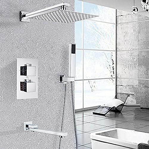 AJYBYUKJ Badezimmer Chrom Thermostat Dusche Wasserhahn Regendusche Kopf Wandmontage Badewanne Mischbatterie Badezimmer Dusche Set Wand-16 Zoll, 10 Zoll Beauty Comes