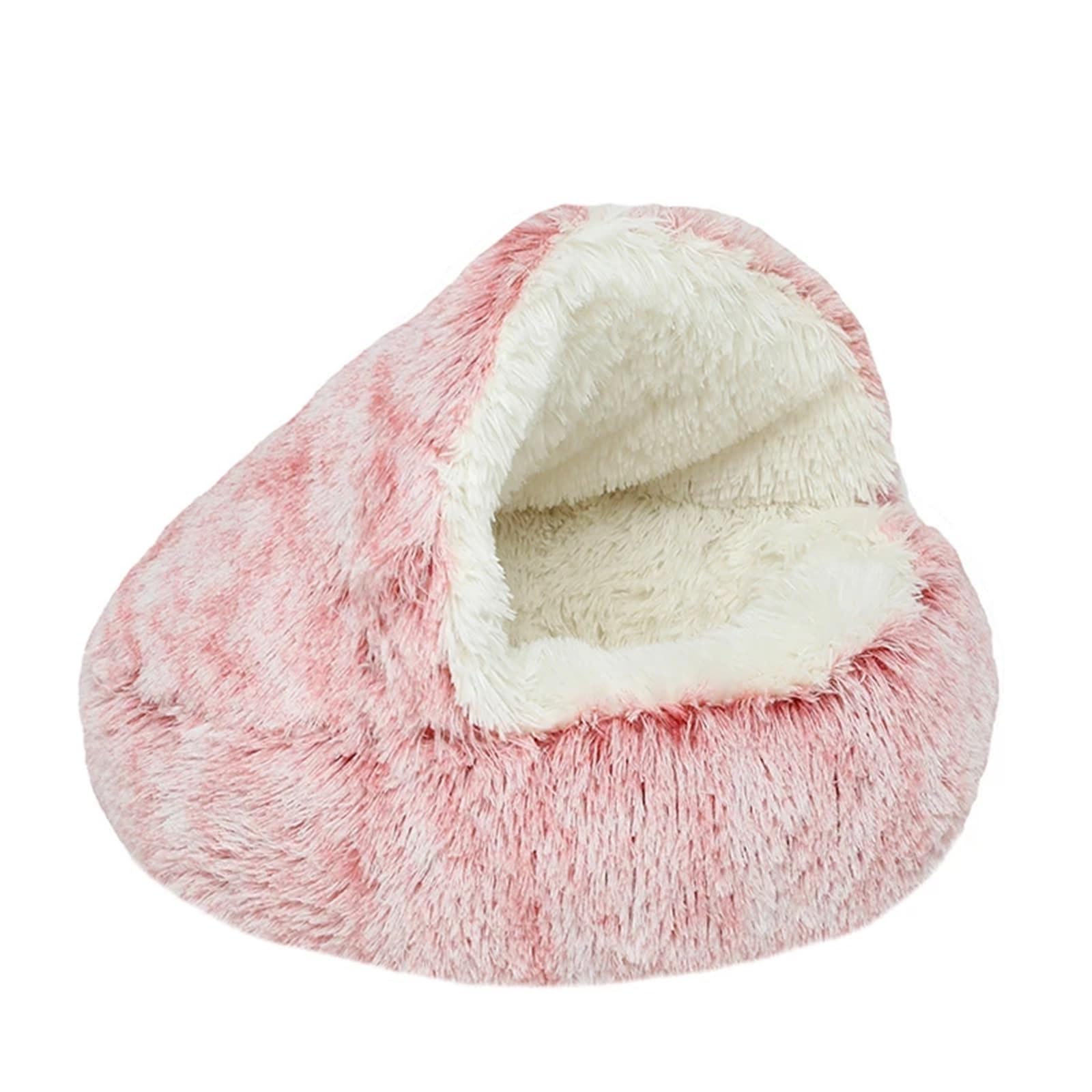 UVDS 2 In 1 Haustier Hund Katze Bett Runde Plüsch Katze Warme Bett Haus Weiche Lange Plüsch Bett for Kleine Hunde Katzen Nest Donut Wärmende Schlafen Bett (Color : Pink Long Plush, Size : 40cm)