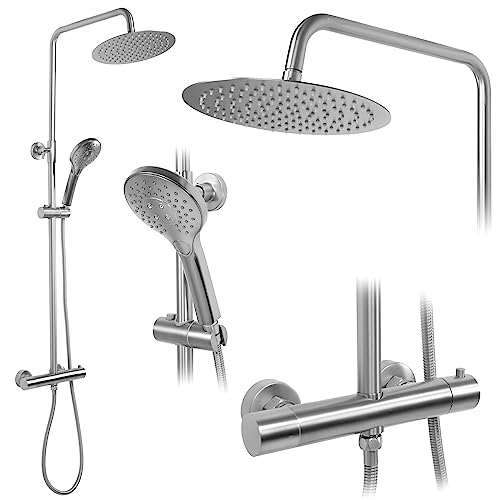 Rea Duschsystem mit Thermostat VINCENT NICKEL BRUSH INOX Duschset Duscharmatur mit Duschkopf und Kopfbrause aus Messing Duschgarnitur für Badezimmer (Gebürstetes Stahl)