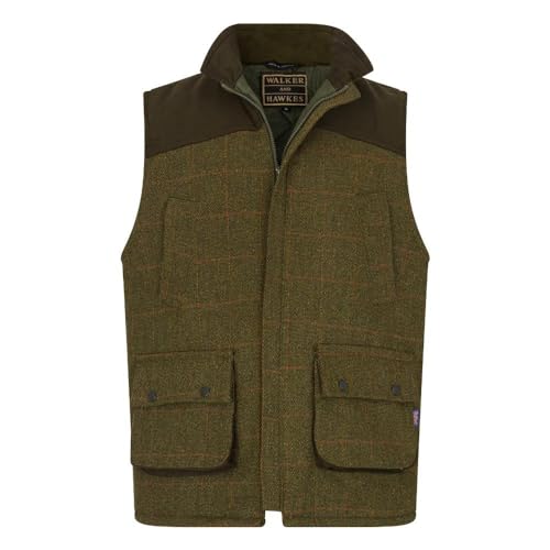 WALKER AND HAWKES Herren Country-Weste aus Tweed mit verstärkten Schultern - für die Jagd geeignet - Dunkles Salbeigrün - Größe 2XL (46"-48")