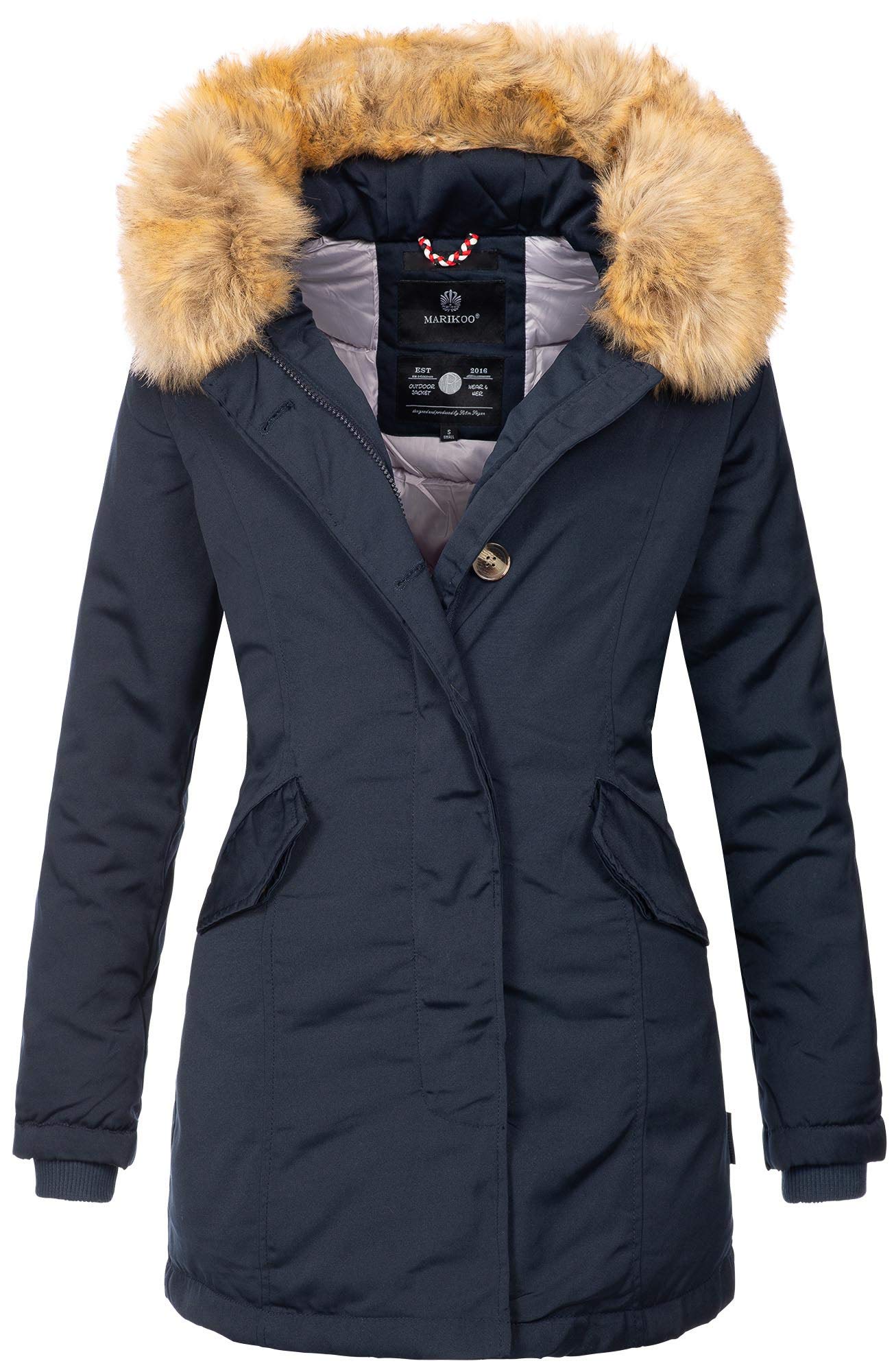 MARIKOO Damen Winter Jacke Parka Mantel Winterjacke warm gefüttert B362 [B362-Karmaa-Navy-Gr.XS]