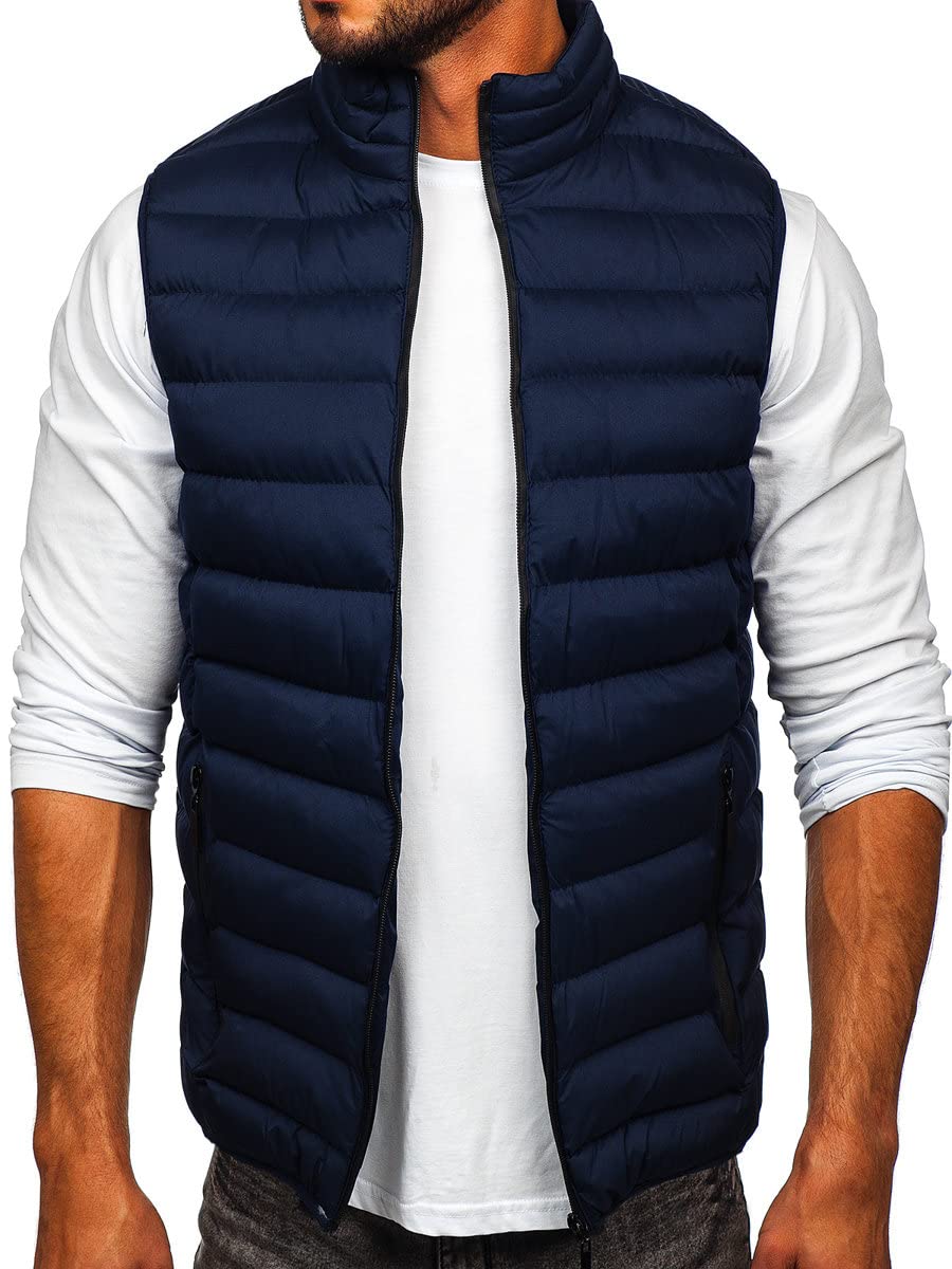 BOLF Herren Weste mit Stehkragen Steppweste Bodywarmer Daunenweste Reißverschluss Ärmellose Sportweste Zip Wärme Freizeit Outdoor Style 5M711 Dunkelblau XL [1U1]