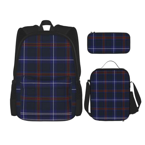 WURTON Gestreifte Karierte Print Lunchbox Federmäppchen Rucksack Set 3 Stück Verstellbare Träger Langlebig Leicht, Schwarz, One Size