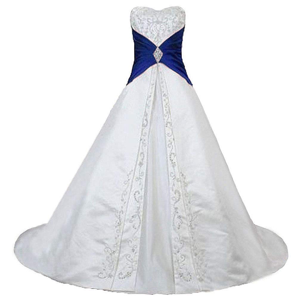 Zorayi Damen Elegante A-Linie Schnürung Stickerei Satin Brautkleid Hochzeitskleider Elfenbein & Blau Größe 42