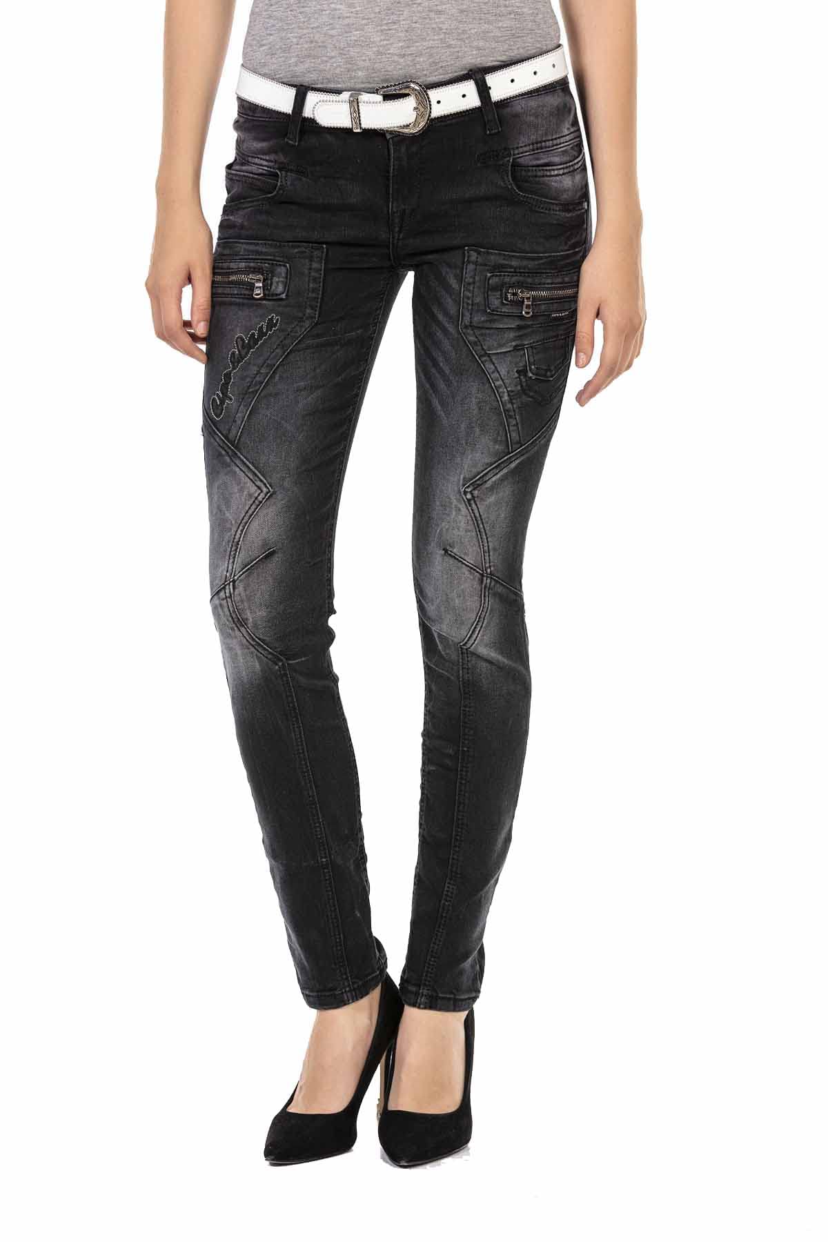 Cipo & Baxx Damen Slim Fit Jeanshose Ausgefallen Freizeit Hose Reißverschluss WD437 Schwarz W32 L32